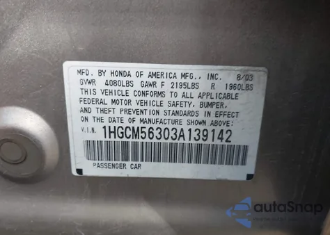 2003 Honda Accord 2.4 Lx z USA, uszkodzony, nr VIN 1HGCM56303A139142
